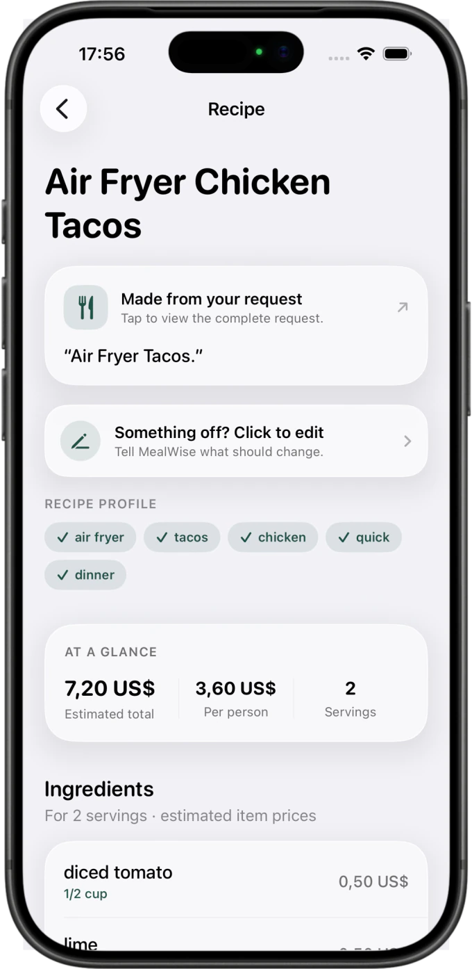 MealWise recipe screen — Air Fryer Chicken Tacos