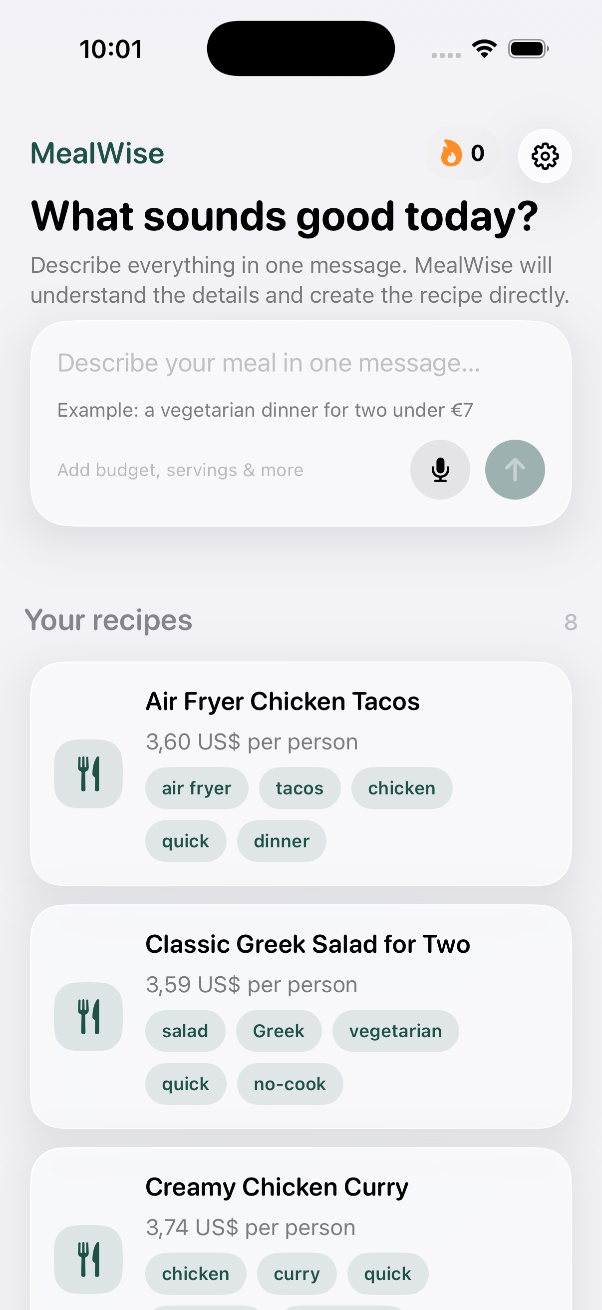 MealWise iPhone home screen for creating a recipe from one message