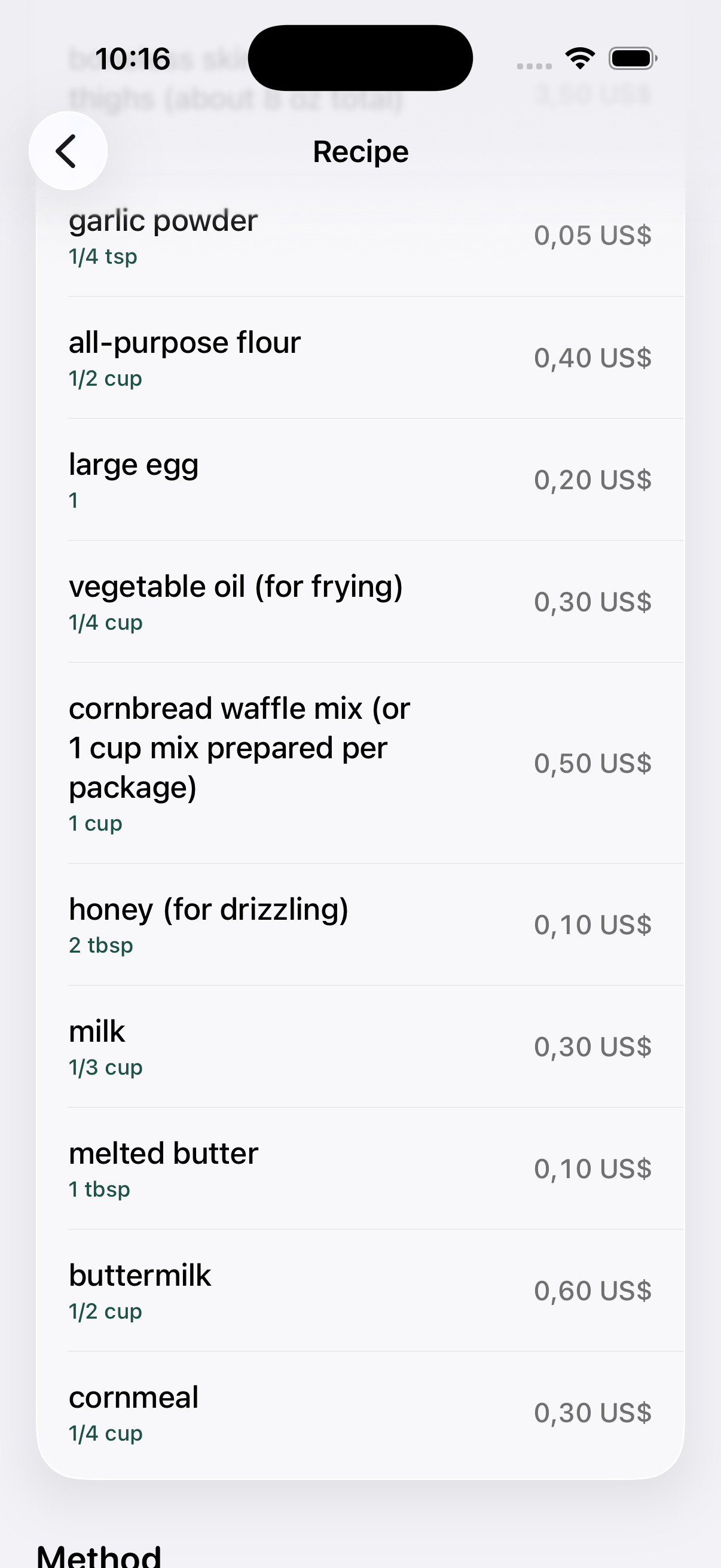 MealWise recipe ingredients screen with estimated item prices