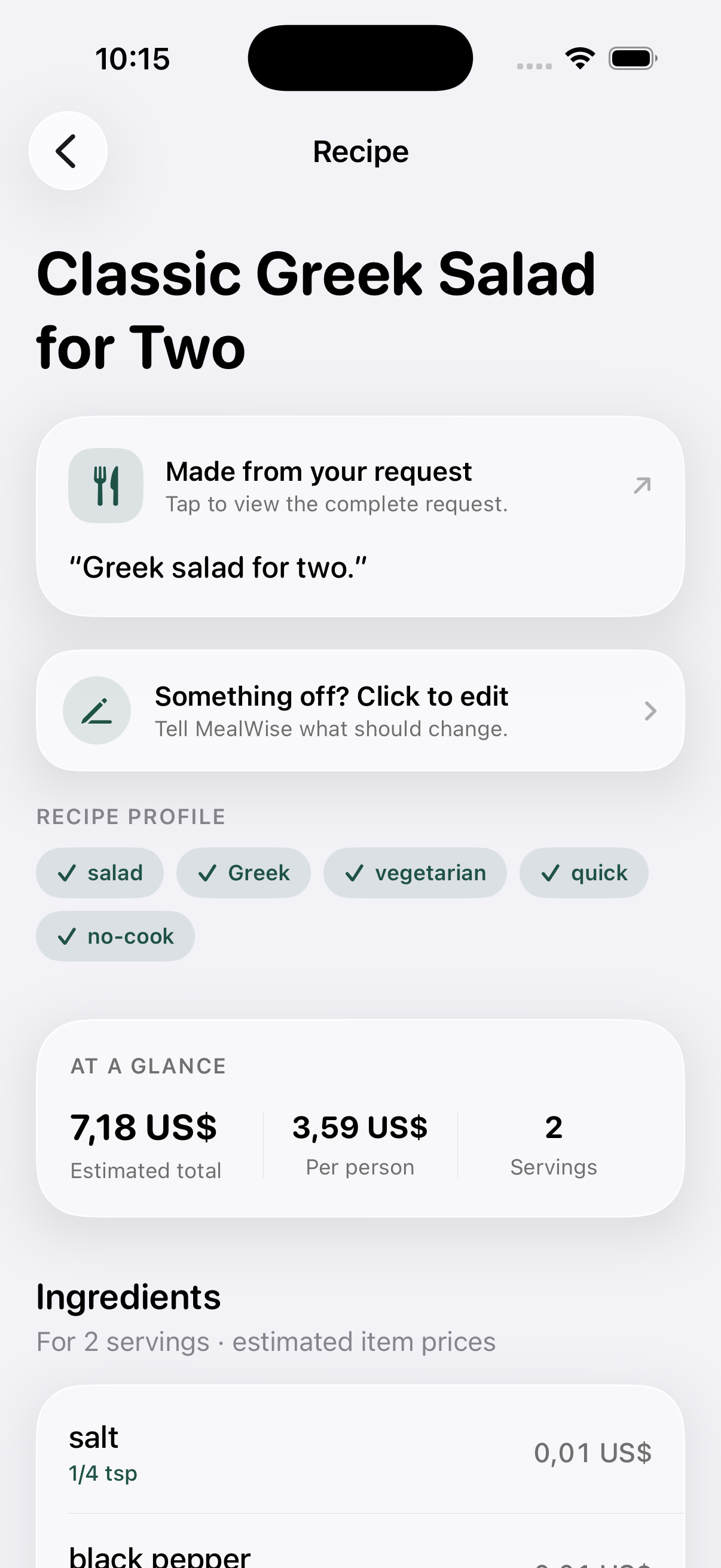 MealWise recipe screen with estimated total and cost per person